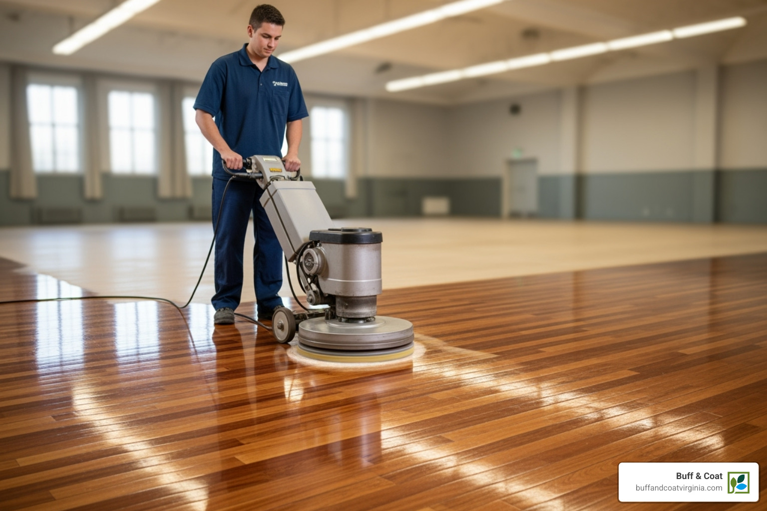 professional using a floor buffer machine - no sand wood floor refinishing professional using a floor buffer machine - no sand wood floor refinishing