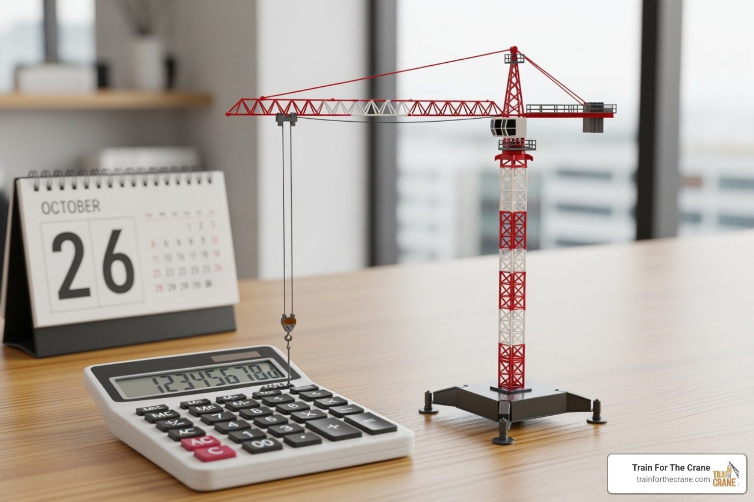 calendar and a calculator next to a crane model - Tower crane certification