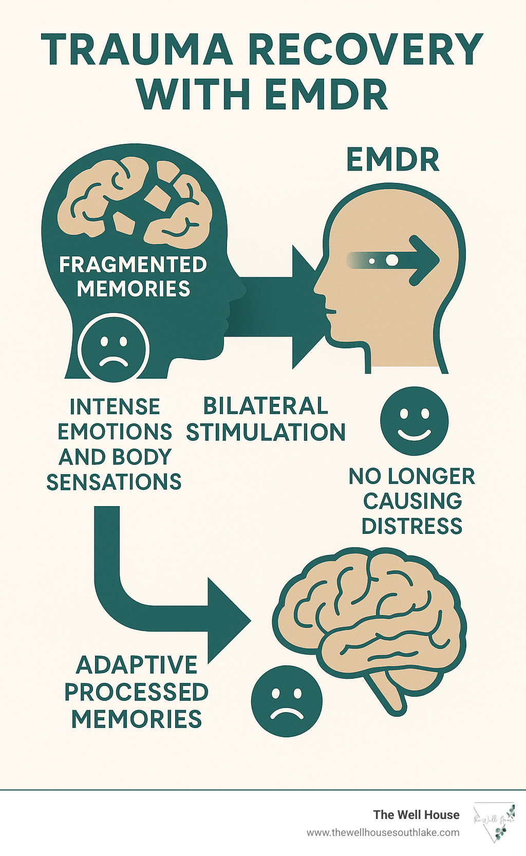 Infographic showing how trauma gets stuck in the brain as fragmented memories with intense emotions and body sensations, and how EMDR uses bilateral stimulation to help integrate these memories into adaptive, processed experiences that no longer cause distress - trauma recovery emdr infographic 