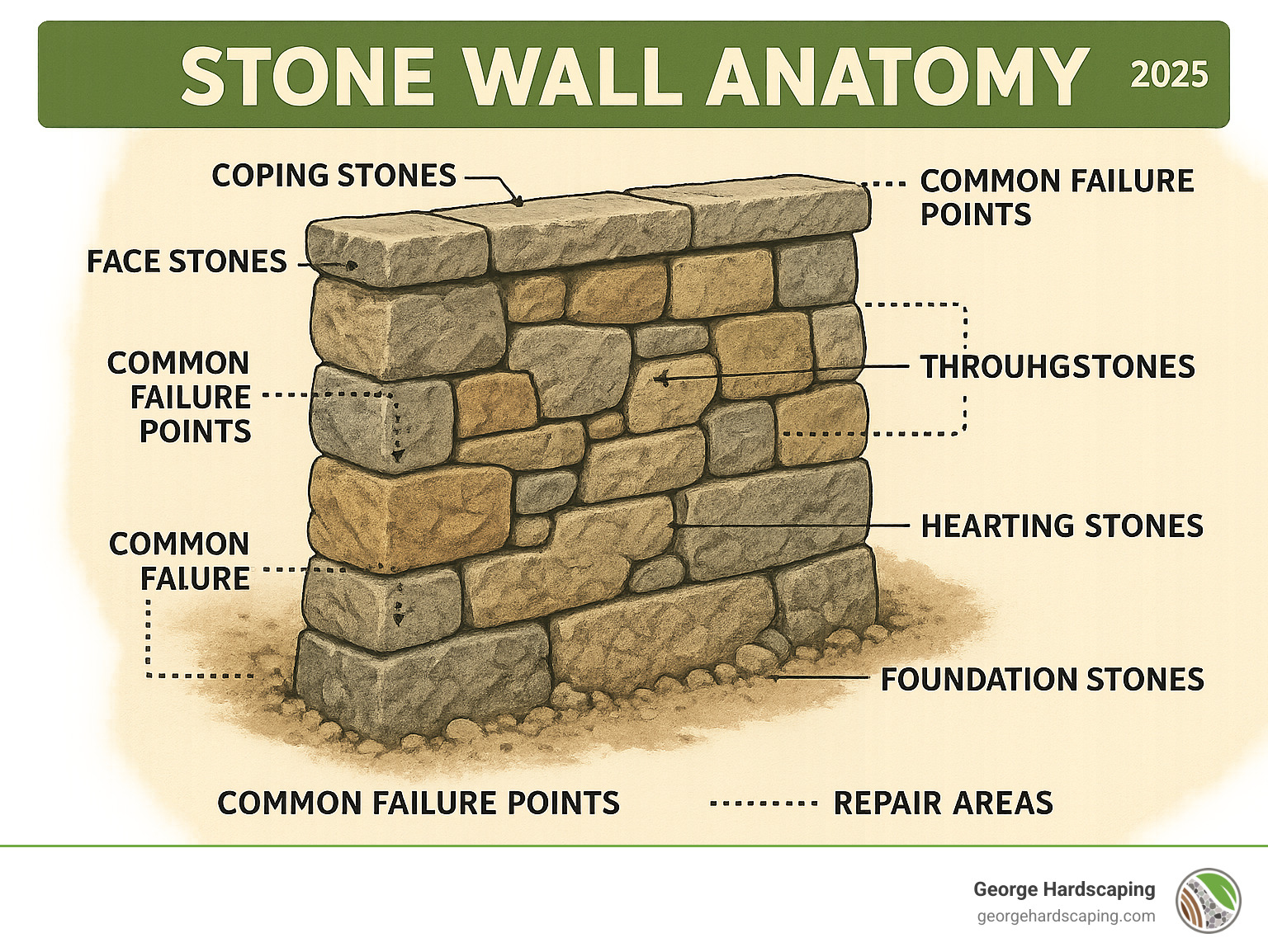 Detailed infographic showing stone wall anatomy including coping stones at top, face stones on exterior, hearting stones filling the center core, throughstones spanning the width for stability, and foundation stones at the base, with labels indicating common failure points and repair areas - stone wall repair infographic 