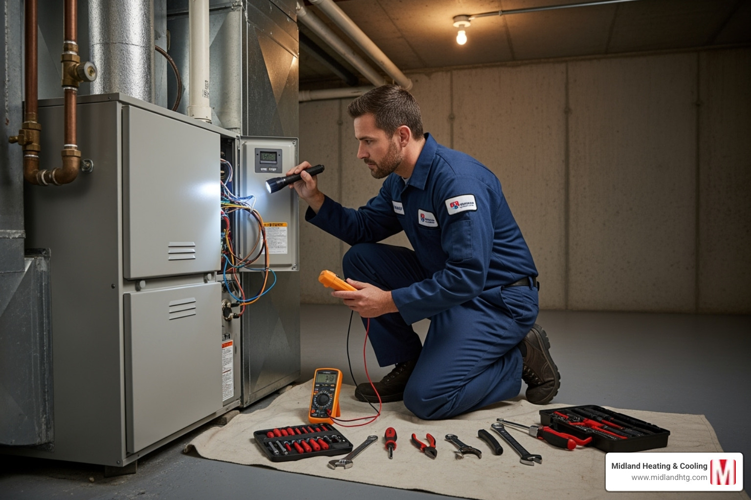 technician working on a furnace - furnace replacement parts minneapolis