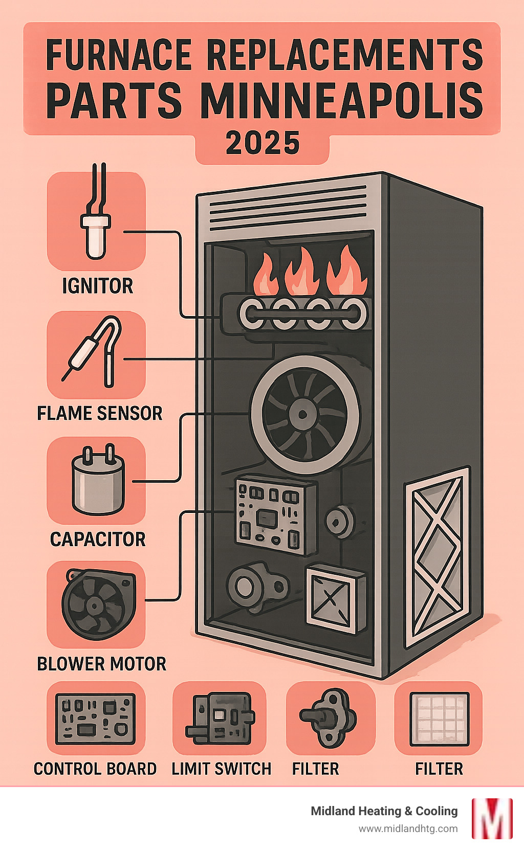 Infographic showing essential furnace components including ignitor, flame sensor, blower motor, capacitor, control board, limit switch, and filter with their locations within a typical gas furnace system - furnace replacement parts minneapolis infographic 
