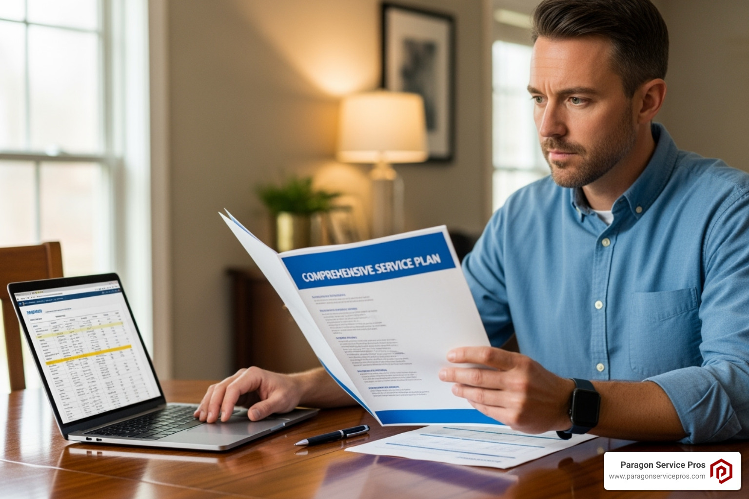 A homeowner thoughtfully reviewing a service plan document, emphasizing the importance of making an informed decision - AC service plans A homeowner thoughtfully reviewing a service plan document, emphasizing the importance of making an informed decision - AC service plans