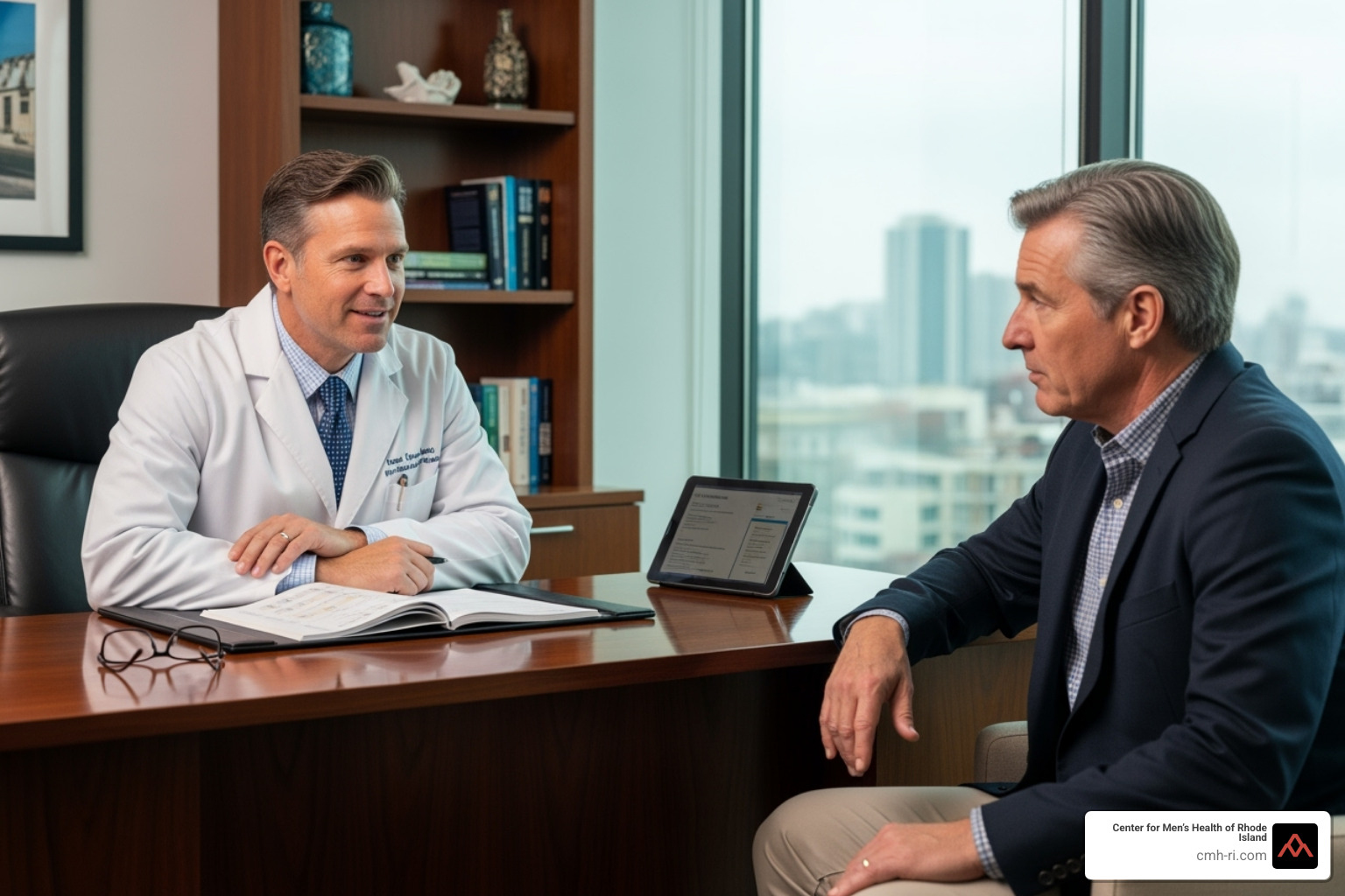 doctor consulting with a male patient in an office setting - benign prostatic hyperplasia doctor consulting with a male patient in an office setting - benign prostatic hyperplasia