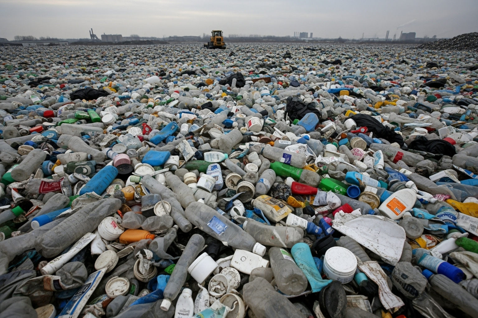Landfill overflowing with plastic waste, with cosmetic containers visible - make up zero waste