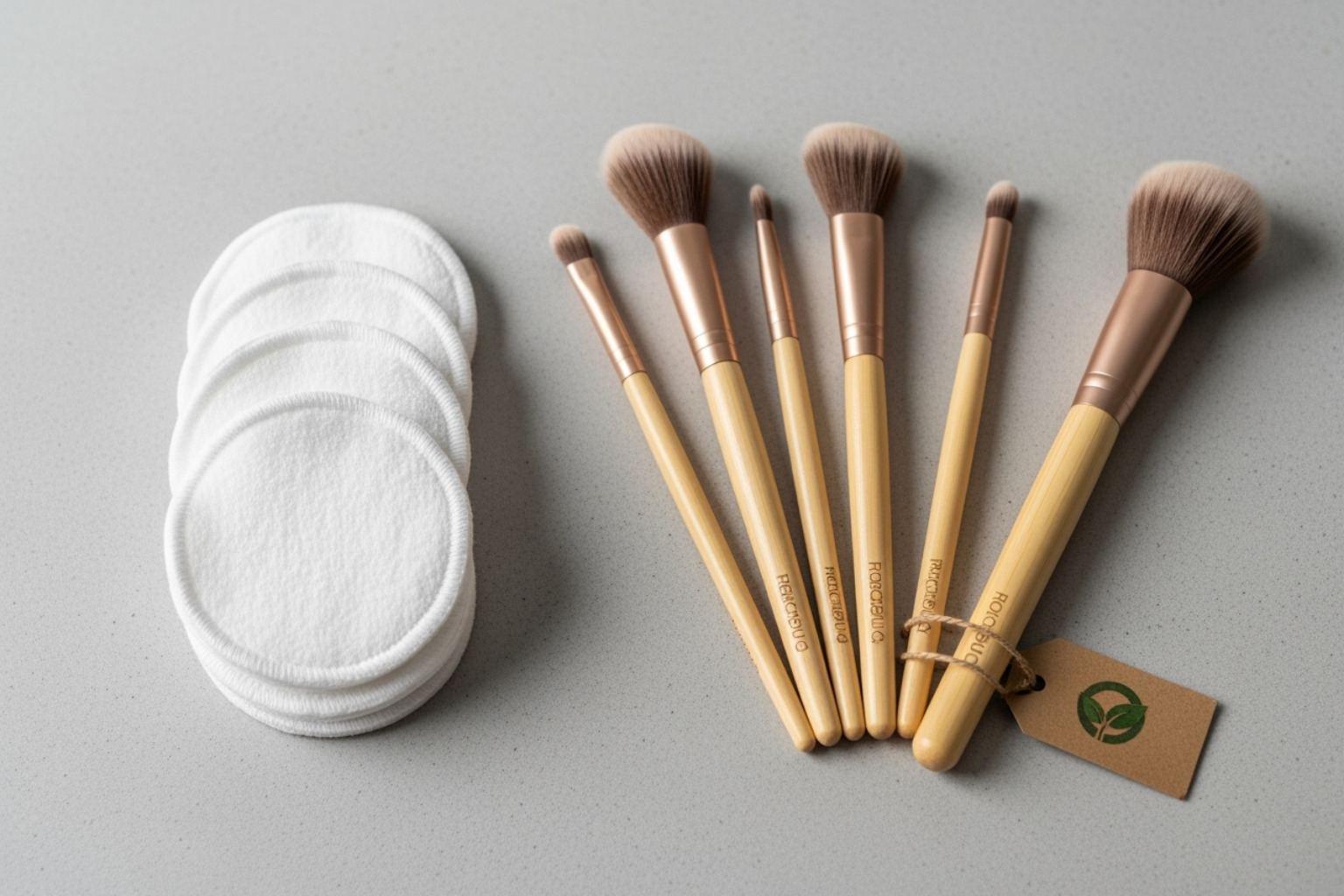 Sustainable makeup tools like bamboo brushes and reusable cotton pads - make up zero waste