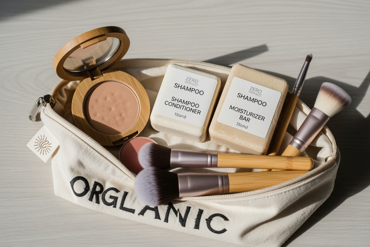 A curated, minimalist zero-waste makeup collection in a travel bag - make up zero waste