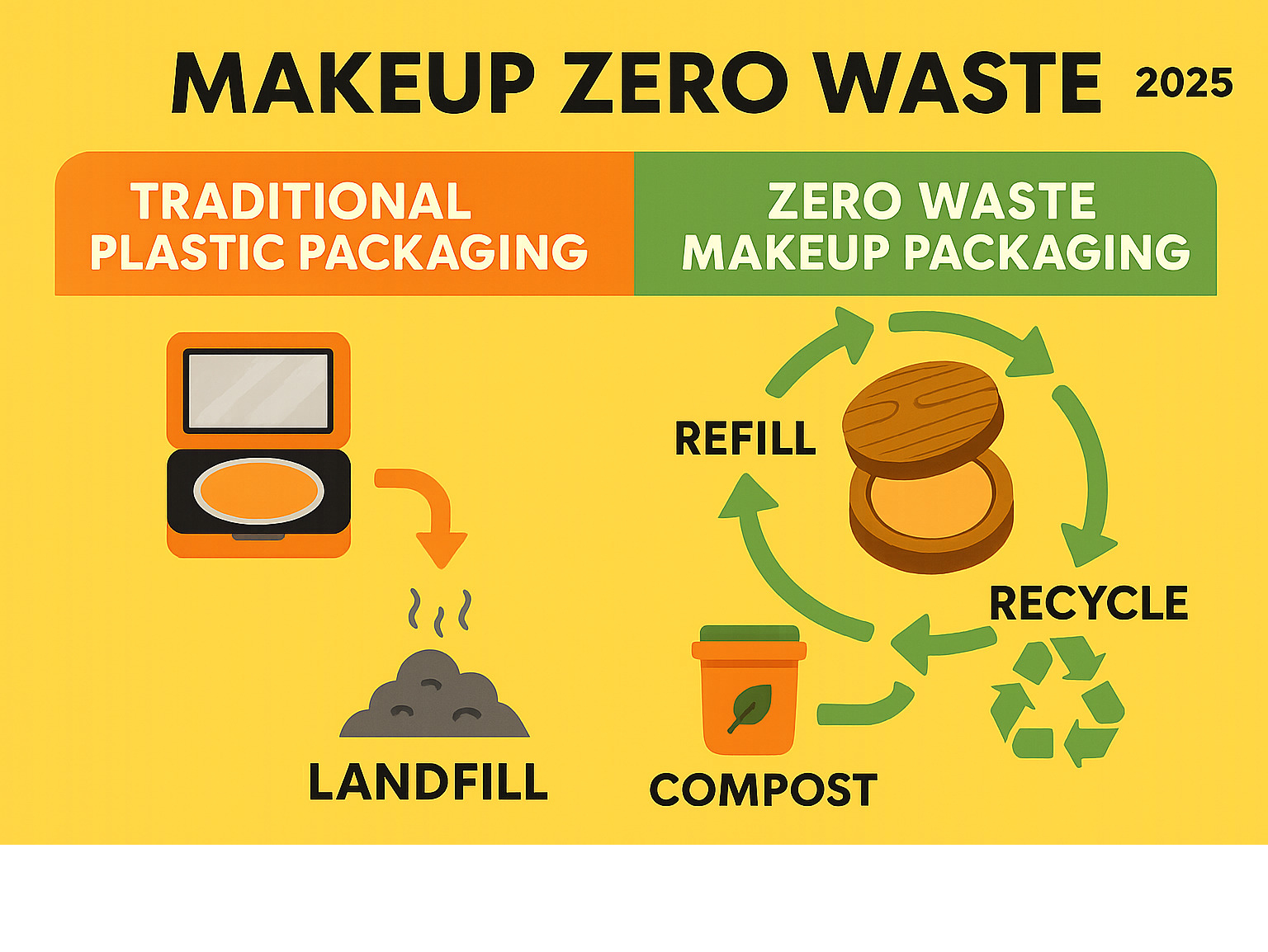 Infographic showing the lifecycle comparison between traditional plastic makeup packaging ending in landfills versus zero waste makeup packaging in a circular economy with refill, compost, and recycle arrows - make up zero waste infographic 