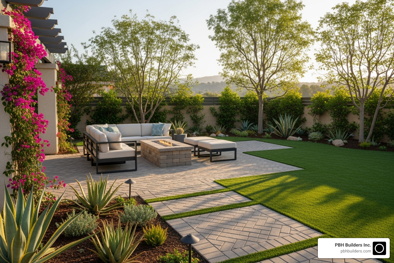 Stunning San Diego backyard with a paver patio, artificial turf, and lush landscape design - Improve property value Stunning San Diego backyard with a paver patio, artificial turf, and lush landscape design - Improve property value