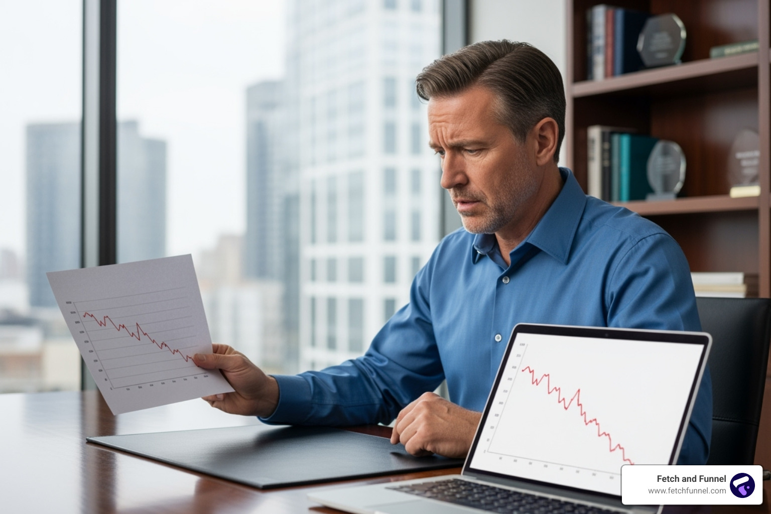 business owner looking at declining sales graph - creative services agency business owner looking at declining sales graph - creative services agency