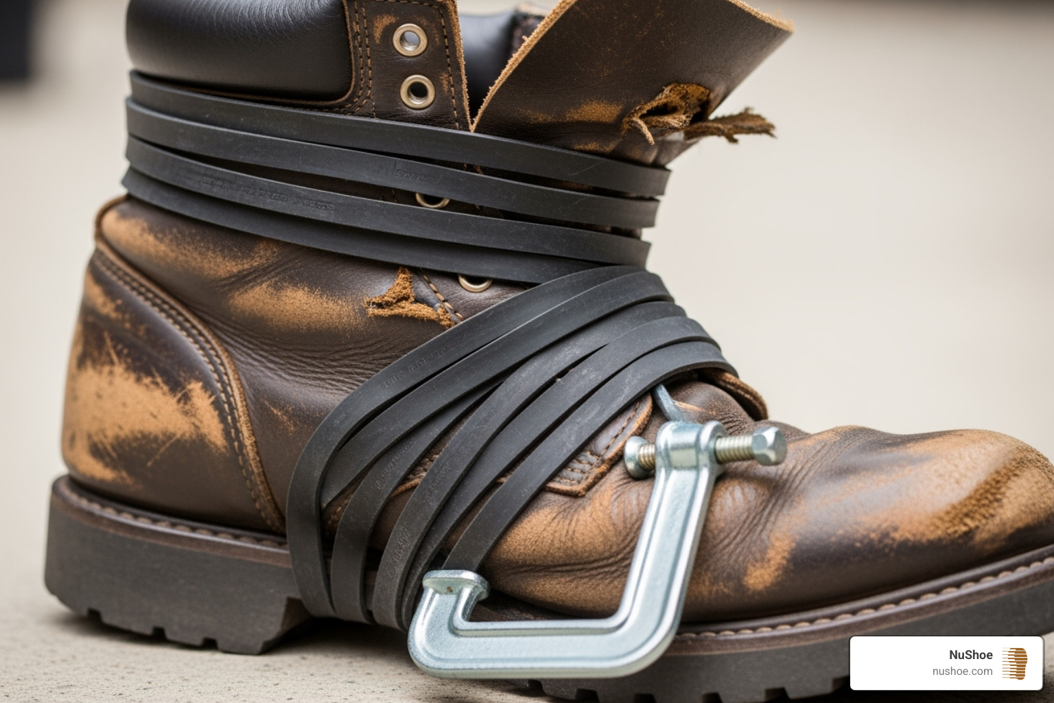 A repaired boot being held together with large rubber bands and a C-clamp - best glue for boot repair A repaired boot being held together with large rubber bands and a C-clamp - best glue for boot repair