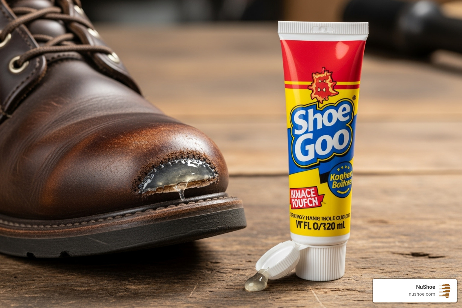 A tube of Shoe Goo next to a repaired work boot - best glue for boot repair A tube of Shoe Goo next to a repaired work boot - best glue for boot repair