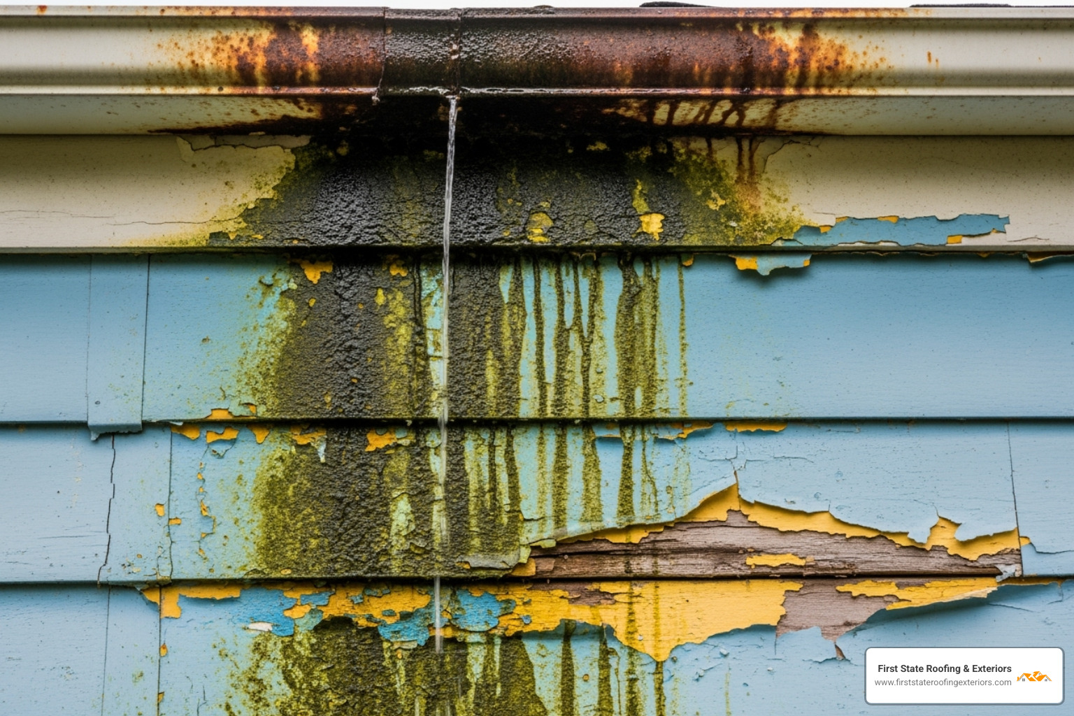 discolored siding and peeling paint directly below a gutter line - gutter and downpipe repairs