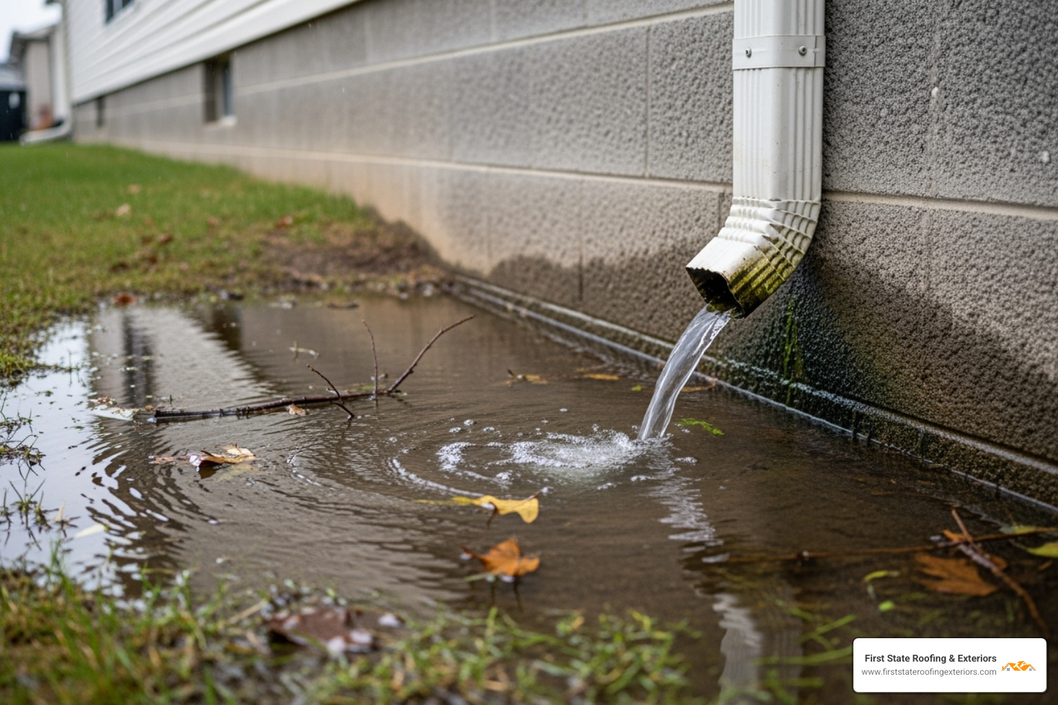 water pooling near a home's foundation next to a downspout - gutter and downpipe repairs