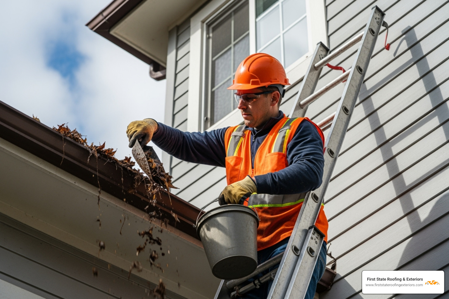 a homeowner safely on a ladder cleaning a gutter section - gutter and downpipe repairs