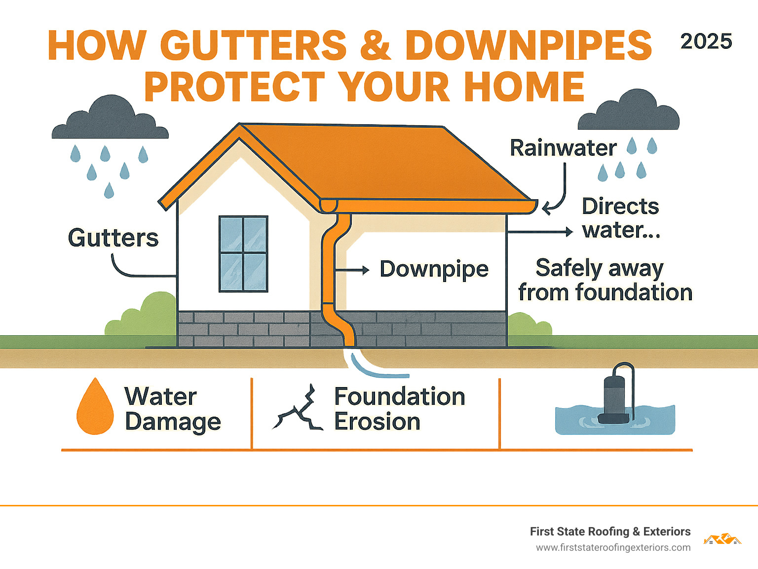 Infographic showing how functional gutters and downpipes protect a home by directing rainwater from the roof through gutters to downpipes and safely away from the foundation, preventing water damage, foundation erosion, and basement flooding - gutter and downpipe repairs infographic 