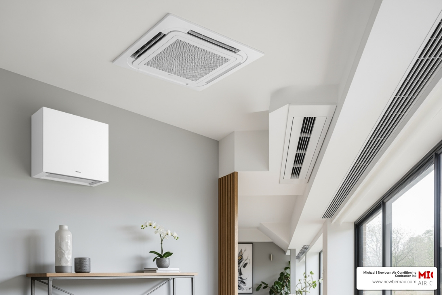 Different types of indoor units for mini-split systems including wall-mounted, ceiling cassette, and slim duct - Ductless mini split