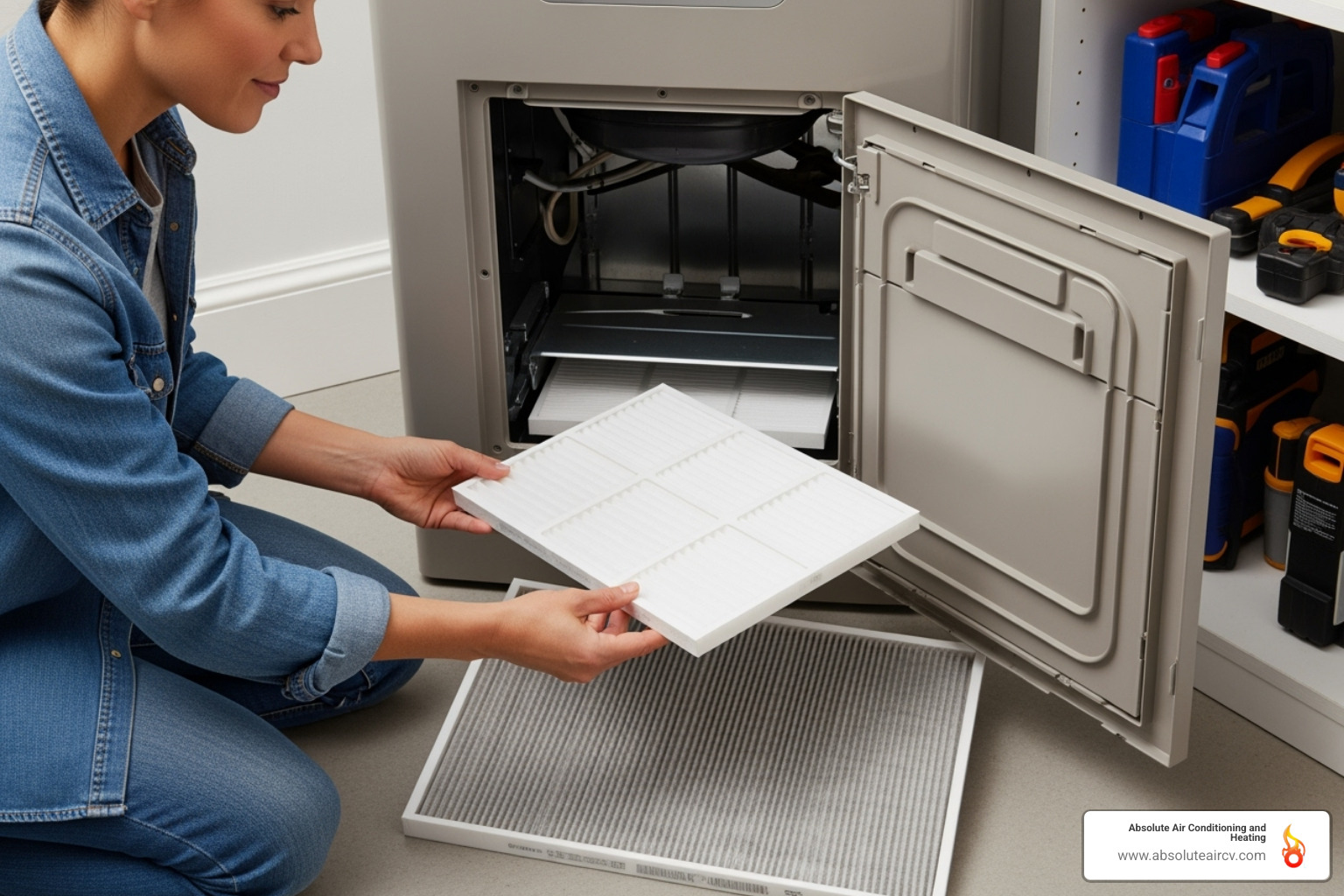 Image of a homeowner easily changing the air filter on their indoor unit - AC heat pump installation Image of a homeowner easily changing the air filter on their indoor unit - AC heat pump installation