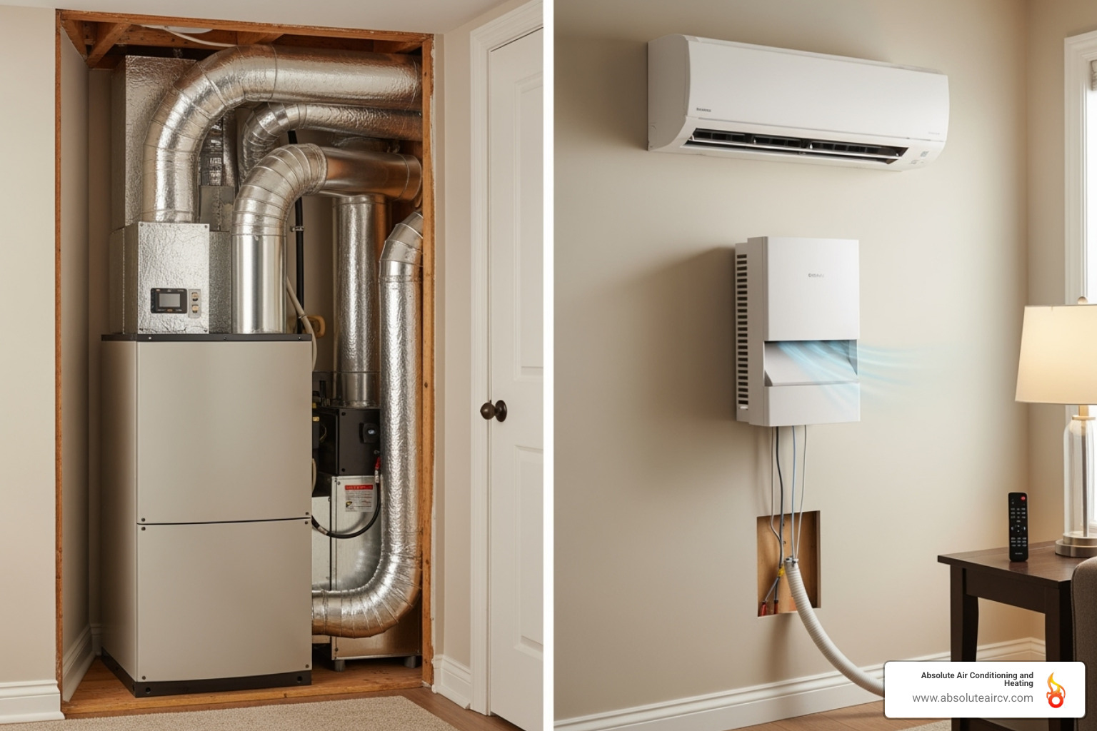Image showing the difference between a ducted central system and a ductless mini-split system - AC heat pump installation Image showing the difference between a ducted central system and a ductless mini-split system - AC heat pump installation