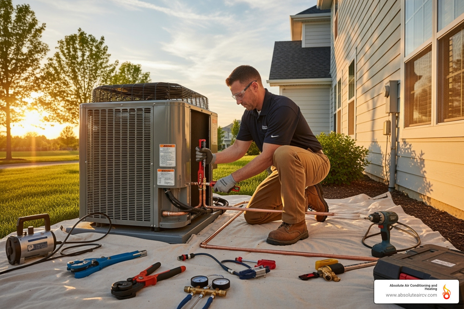 Image of a technician professionally installing an outdoor condenser unit - AC heat pump installation Image of a technician professionally installing an outdoor condenser unit - AC heat pump installation