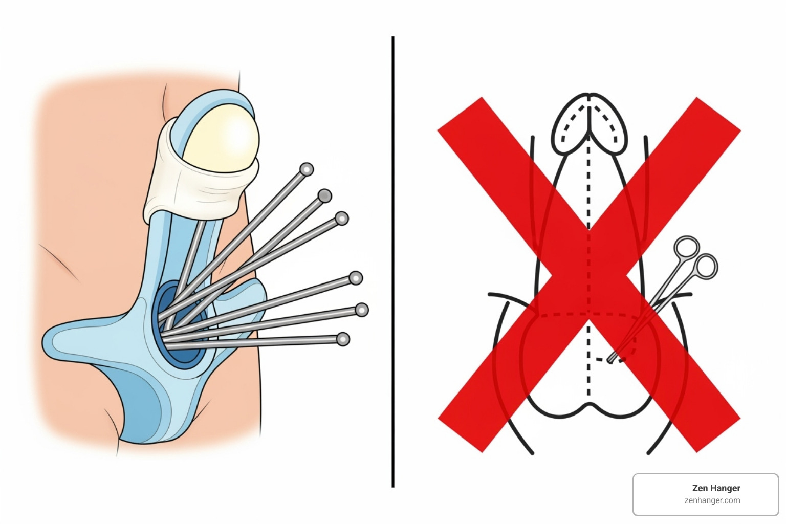 Image comparing a non-invasive extender to a surgical diagram with a red 'X' over it - penis extender results