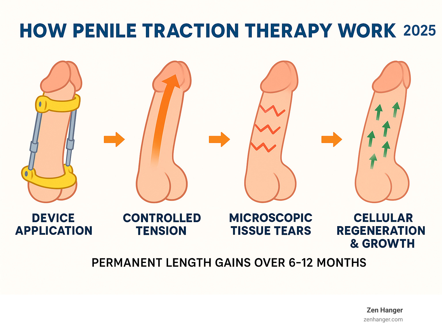 Infographic showing the step-by-step process of how penile traction therapy works: device application creating controlled tension, microscopic tissue tears forming, cellular regeneration and growth occurring, and permanent length gains being achieved over 6-12 months of consistent use - penis extender results infographic 