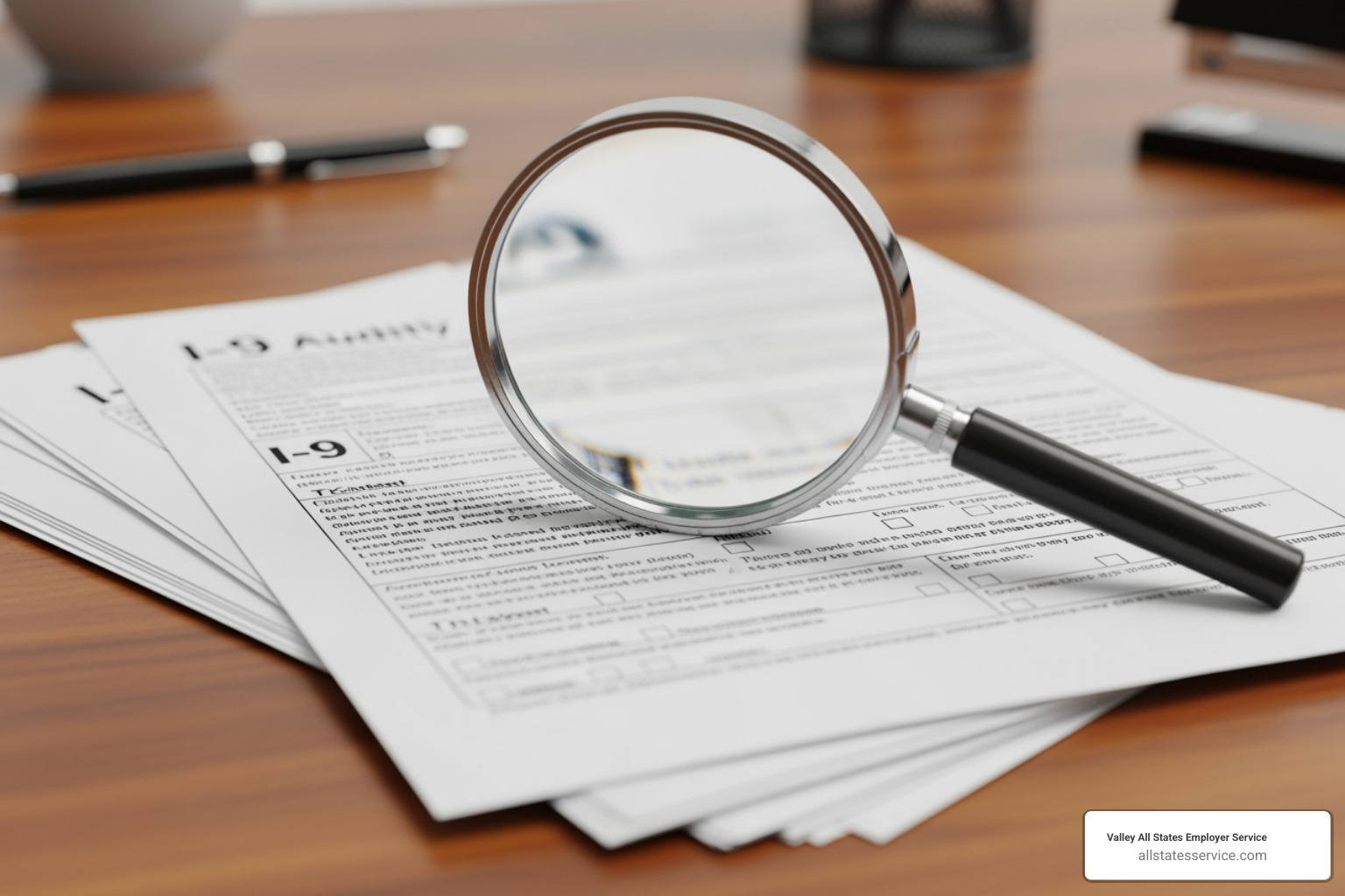 Image of a magnifying glass over a stack of I-9 forms, symbolizing an audit - I-9 form processing