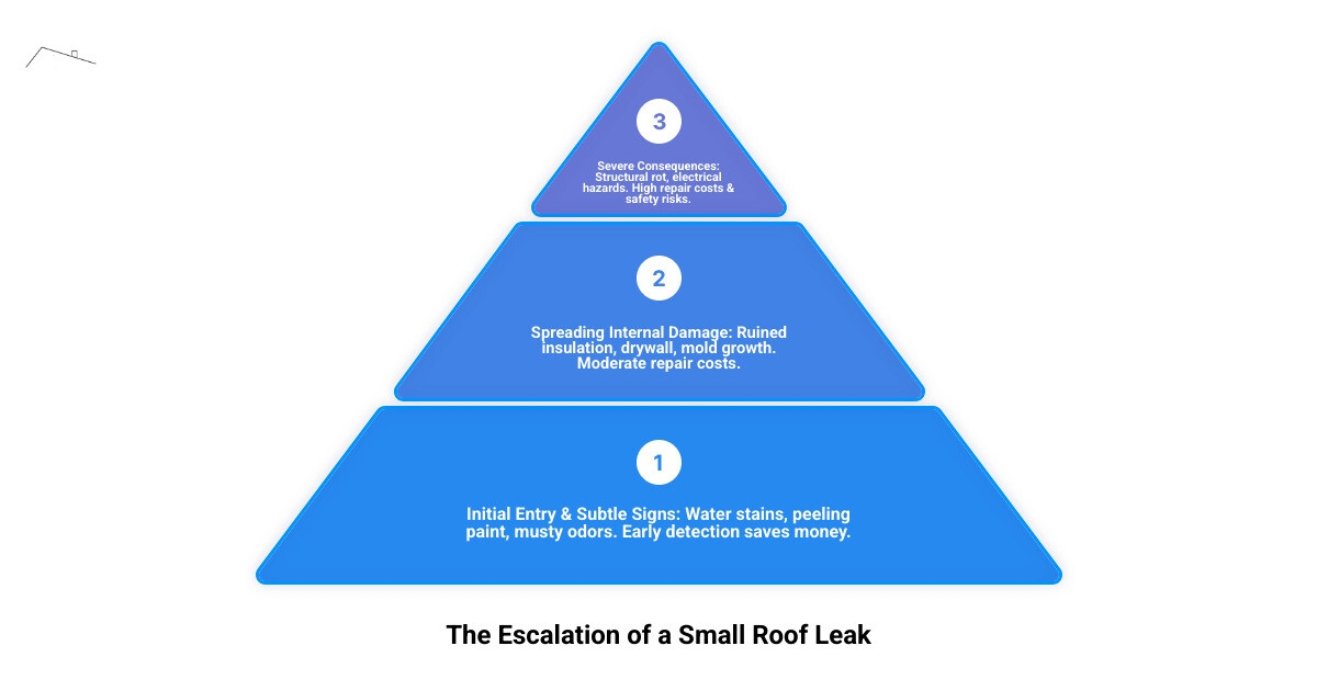 Infographic showing the progression of a small roof leak from initial water entry through ceiling stains to structural damage, mold growth, and electrical hazards, with timeline indicators and cost implications at each stage - Small roof leak infographic 3_stage_pyramid