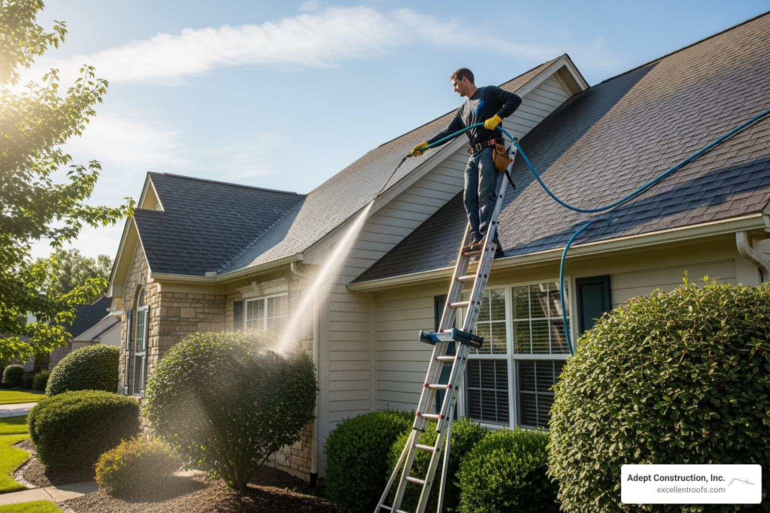 person safely using a garden hose on a roof - Small roof leak