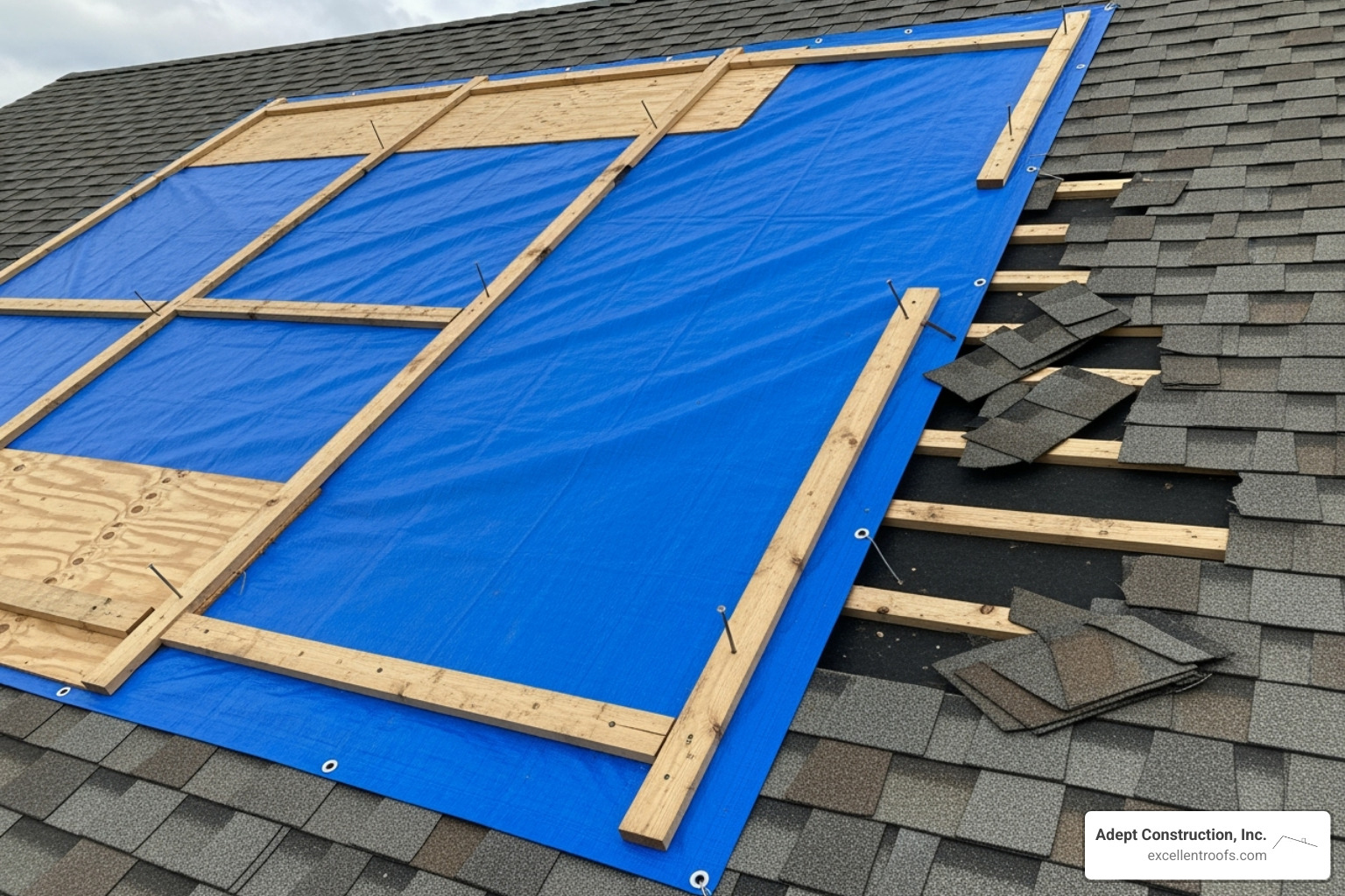 properly secured temporary roof tarp - Small roof leak