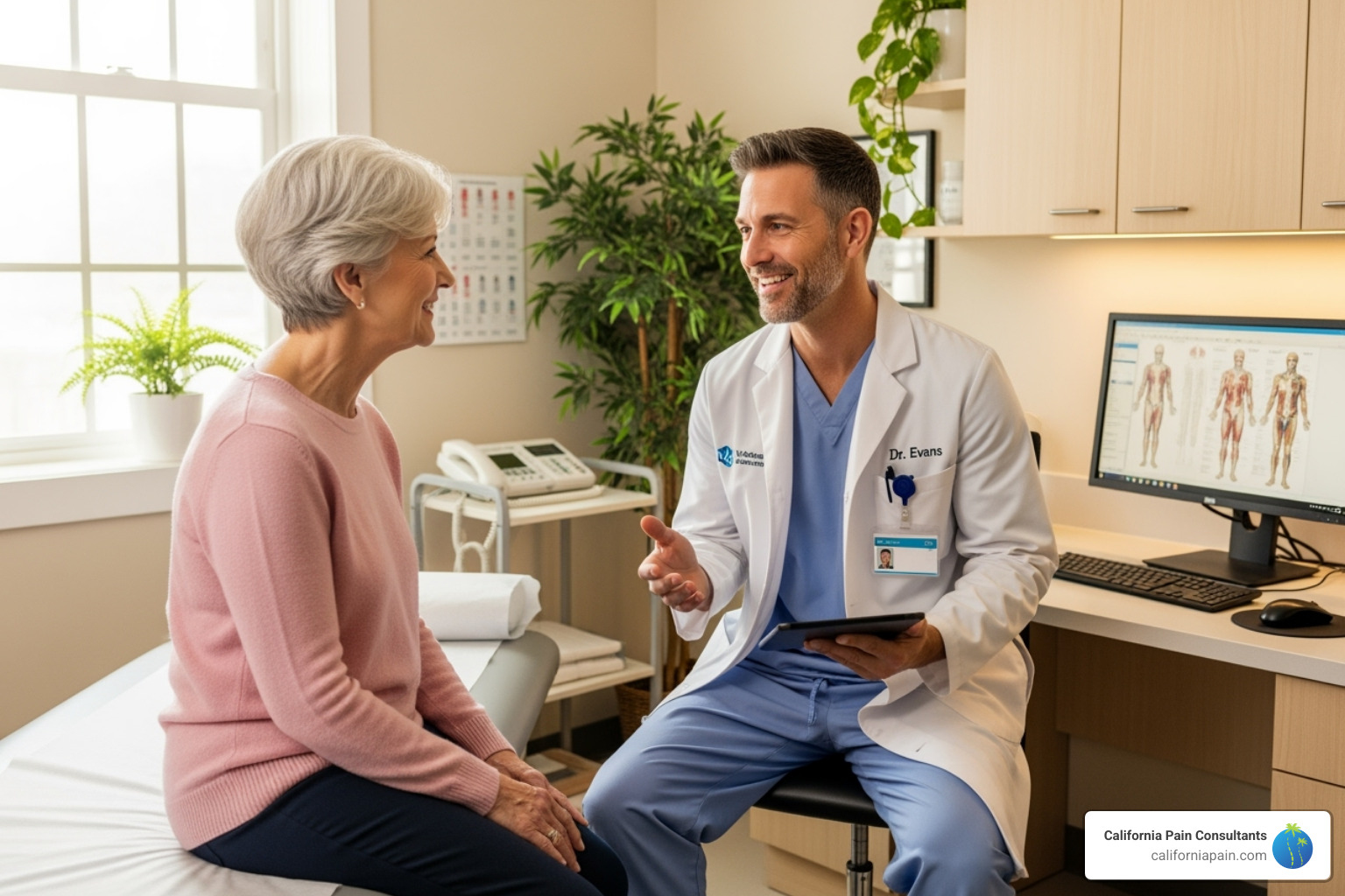 Doctor warmly consulting with a patient - Pain relief center