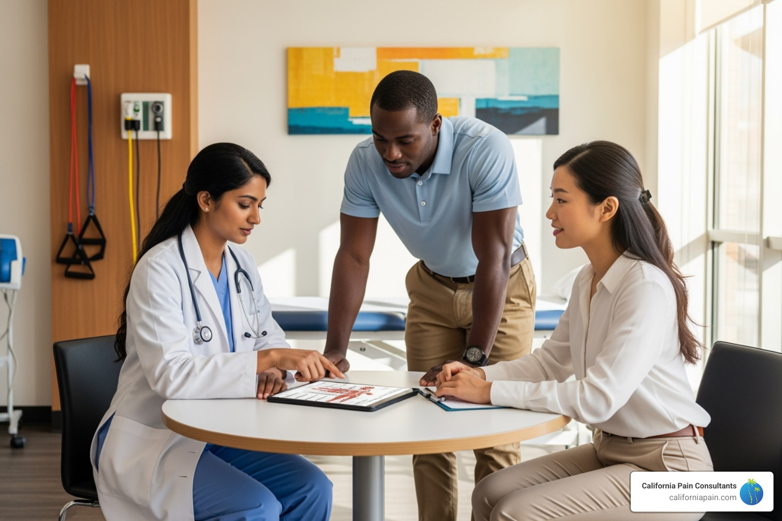 A diverse medical team (doctor, physical therapist, psychologist) collaborating - Pain relief center