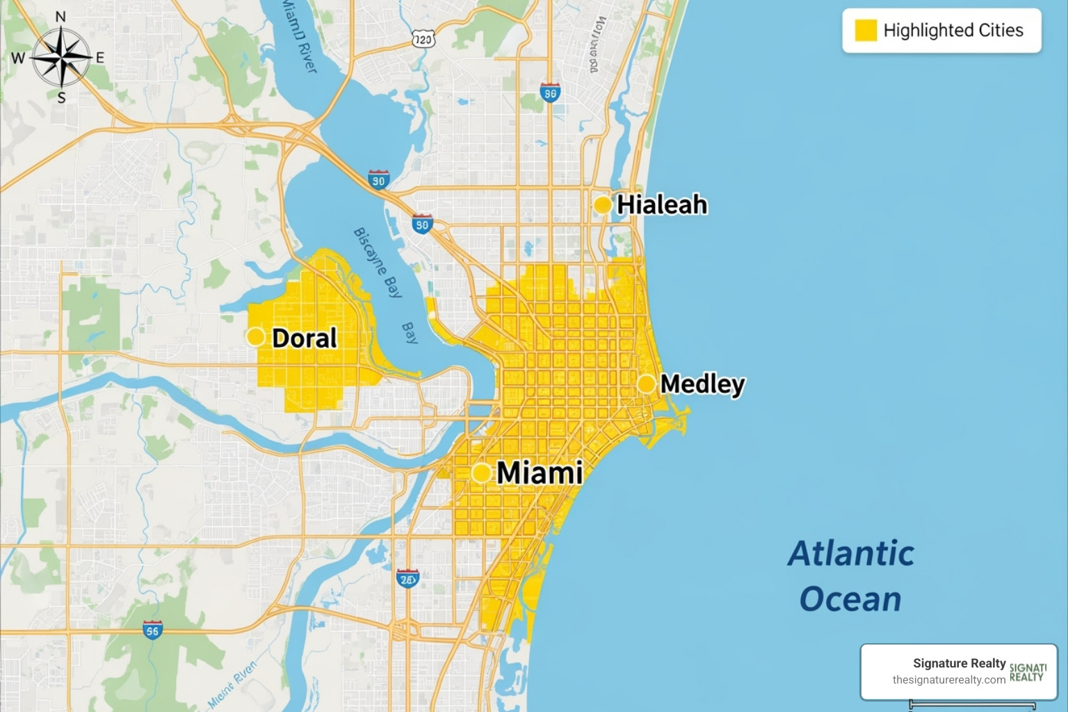 map highlighting Miami, Doral, Hialeah, and Medley - office tenant representation map highlighting Miami, Doral, Hialeah, and Medley - office tenant representation