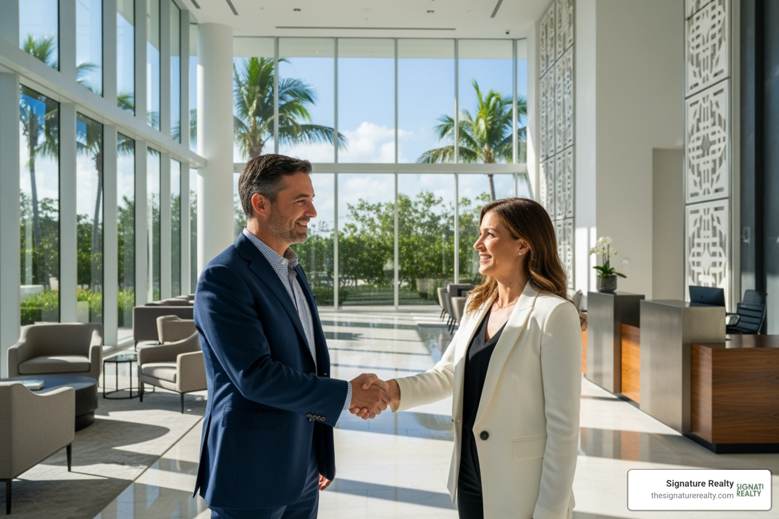 professional handshake in a Miami office lobby - office tenant representation professional handshake in a Miami office lobby - office tenant representation