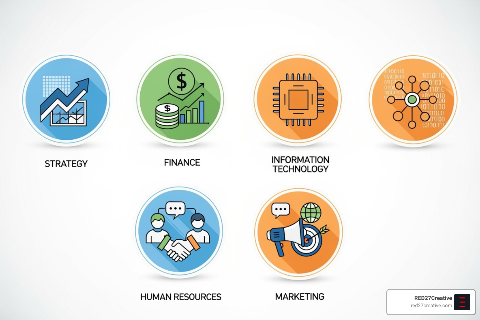 Icons representing different consulting types like strategy, finance, IT, HR, and marketing - business consulting Icons representing different consulting types like strategy, finance, IT, HR, and marketing - business consulting