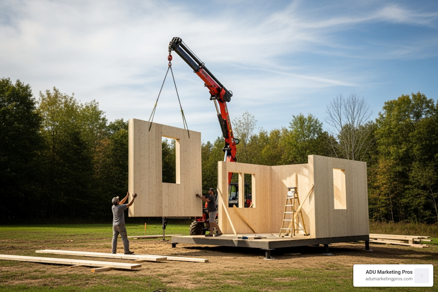 A BOSS Tiny House kit being assembled on a property, with pre-fabricated wall panels being lifted into place by a small crane. - tiny house builders los angeles