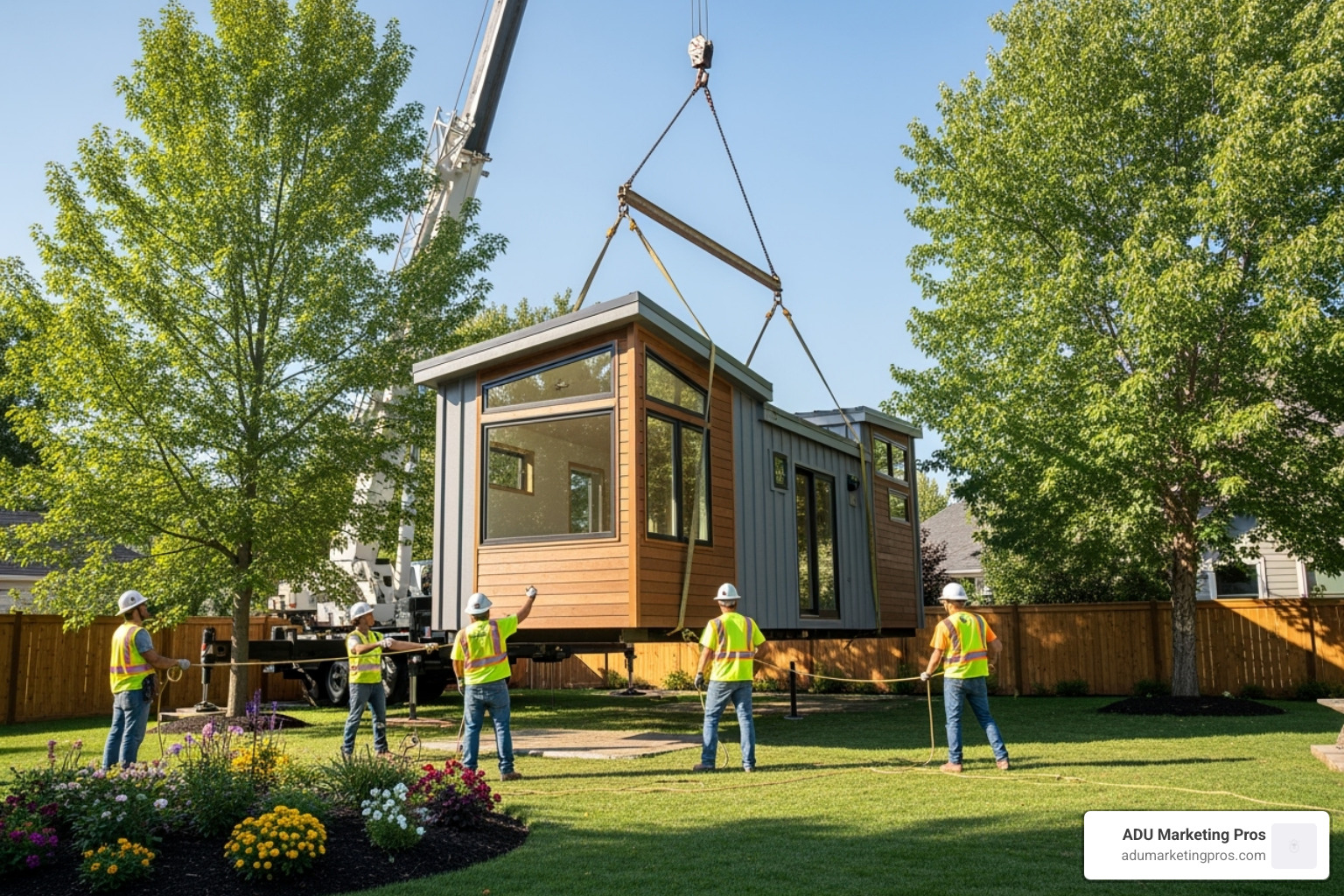 A tiny home being delivered and carefully placed on a foundation in a landscaped backyard, with workers guiding the process. - tiny house builders los angeles