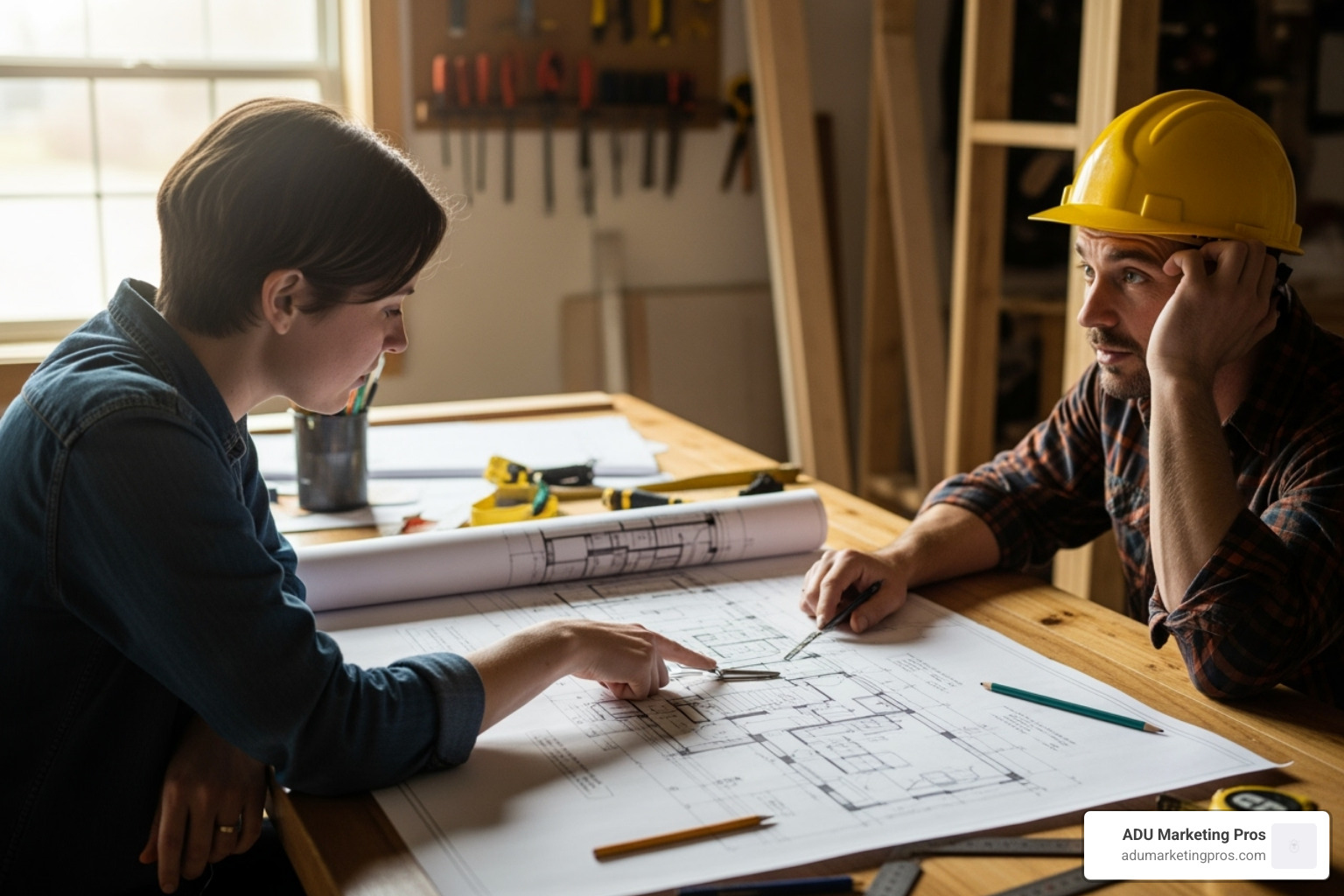 A person reviewing tiny home blueprints with a builder, pointing at a design detail on the table. - tiny house builders los angeles