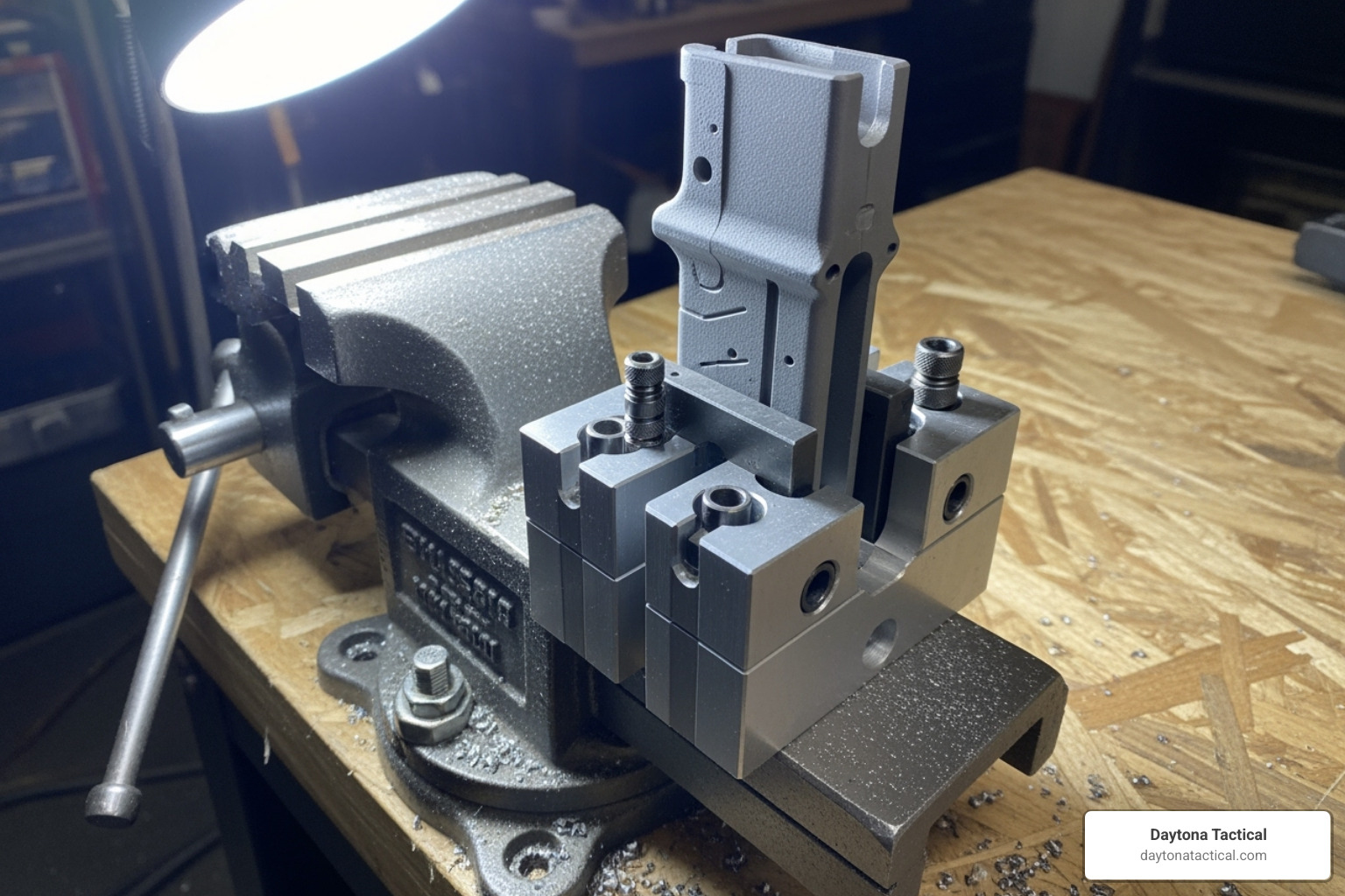 An 80% lower receiver securely mounted in a jig and clamped in a vise, ready for machining - AR-15 80 lower build
