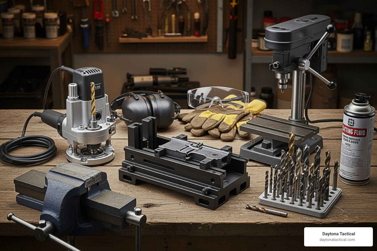 Essential tools for an AR-15 80 lower build, including a jig, router, drill press, bits, and safety gear - AR-15 80 lower build