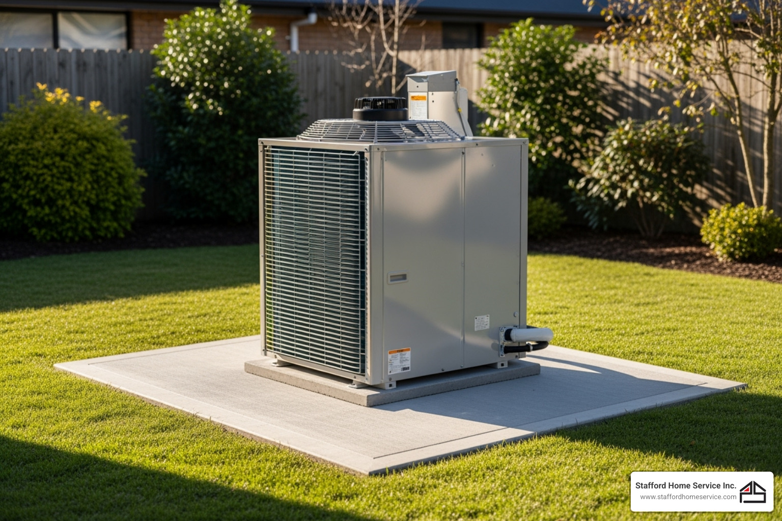 properly installed heat pump on a solid, level pad with space for airflow - heat pump noisy