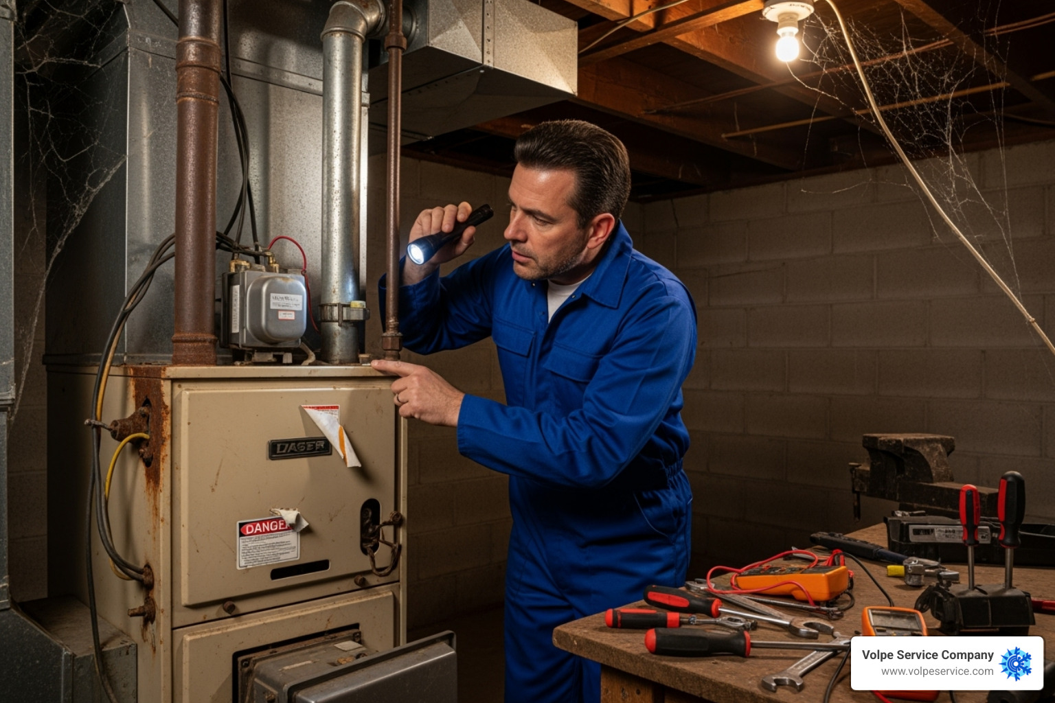 technician inspecting old furnace - furnace replacement chester