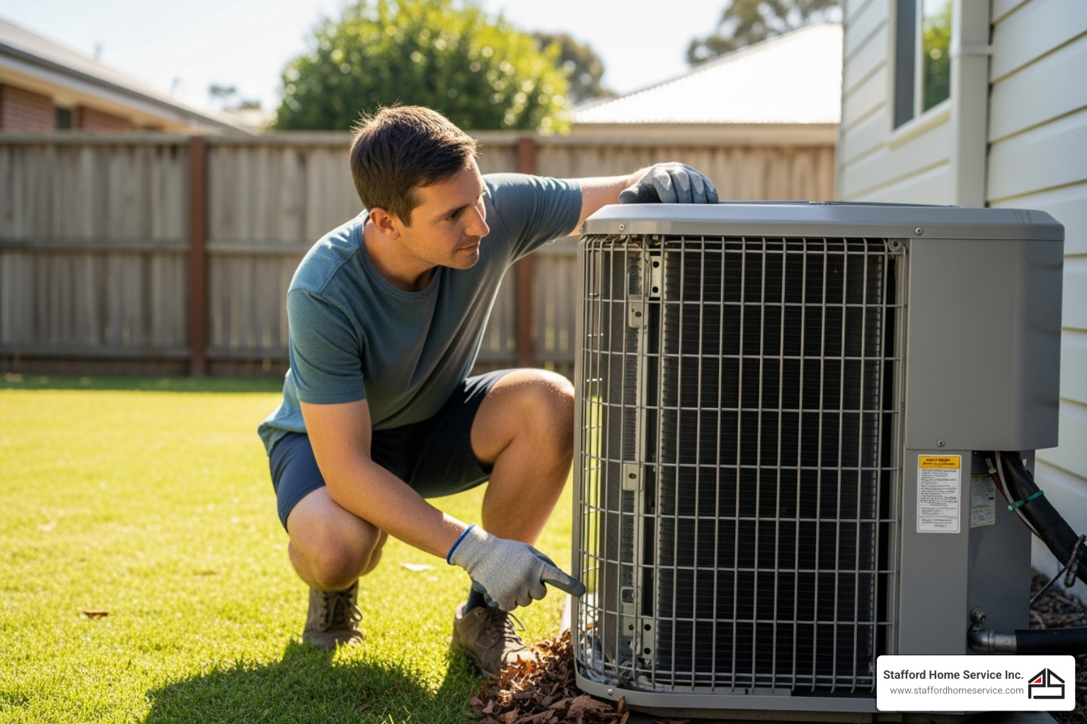 homeowner safely inspecting outdoor heat pump unit for debris - heat pump noisy