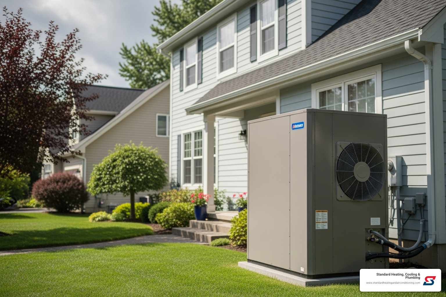Modern, energy-efficient heat pump unit outside a home - heating services Alabama