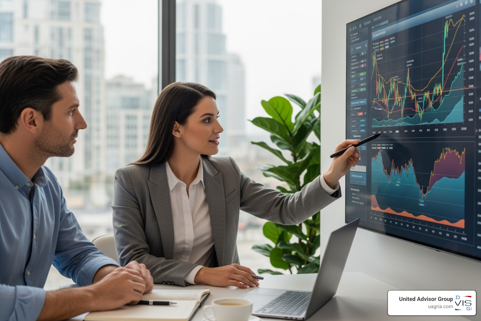 advisor guiding client through complex graph - Collaborative financial planning