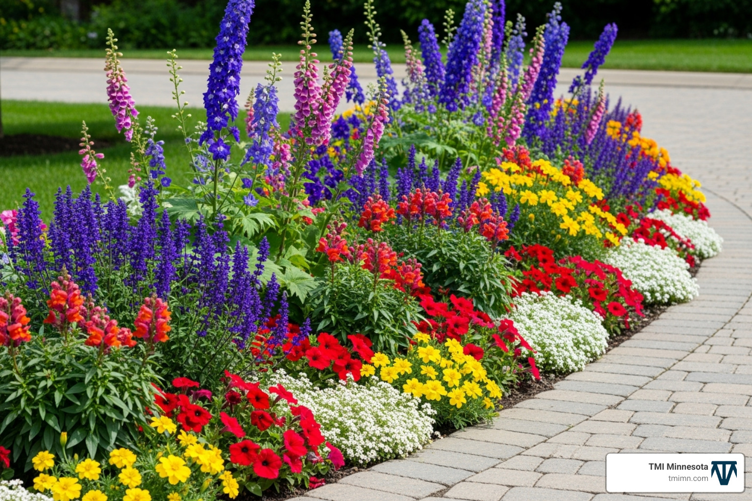 a lush, colorful flower bed bordering a driveway - front yard driveway landscaping ideas