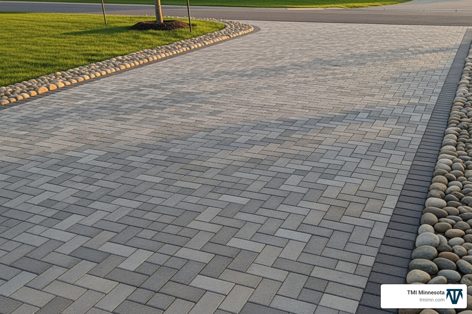 a driveway with neat paver patterns and stone edging - front yard driveway landscaping ideas