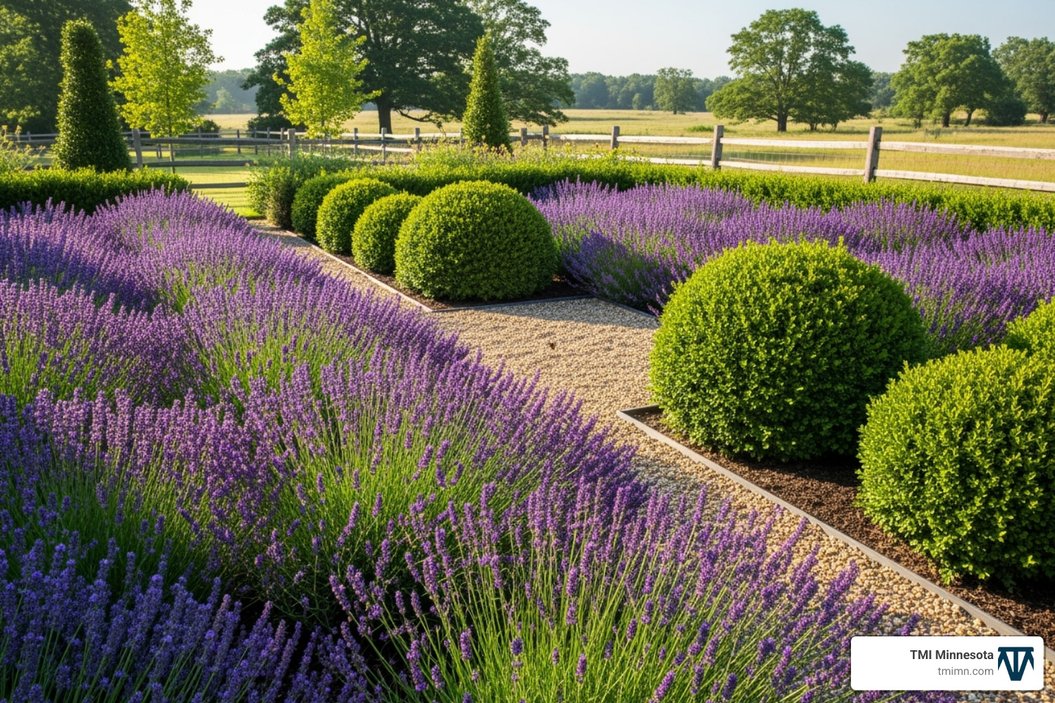 a garden with deer-resistant plants like lavender and boxwood - front yard driveway landscaping ideas