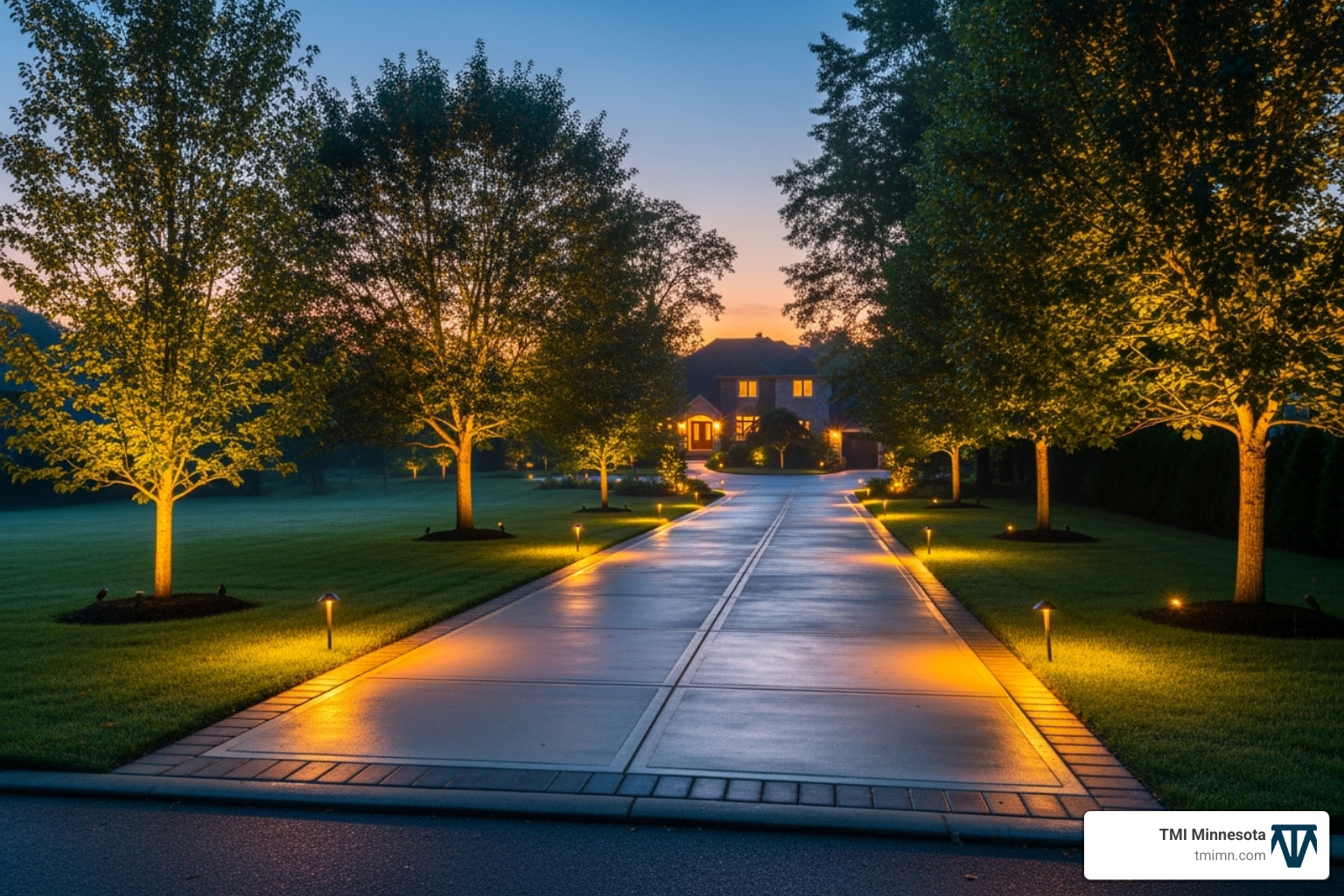 a driveway neatly lit at dusk with path lights and uplighting on trees - front yard driveway landscaping ideas