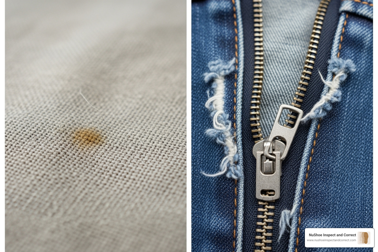 Examples of major vs. minor garment defects, showing a small stain as minor and a broken zipper as major - Garment quality control Examples of major vs. minor garment defects, showing a small stain as minor and a broken zipper as major - Garment quality control